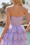 A Line Pink Floral Corset Short Strapless Homecoming Dress with Ruffles