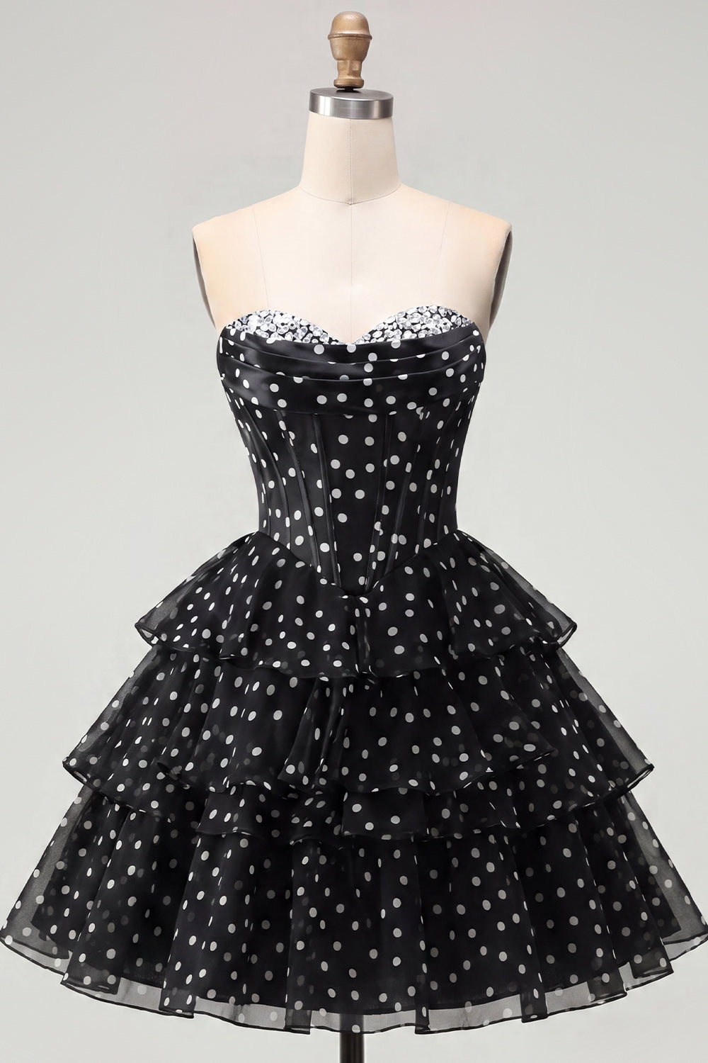 White Polka Dots A Line Strapless Short Corset Homecoming Dress with Ruffles