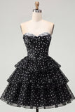 White Polka Dots A Line Strapless Short Corset Homecoming Dress with Ruffles
