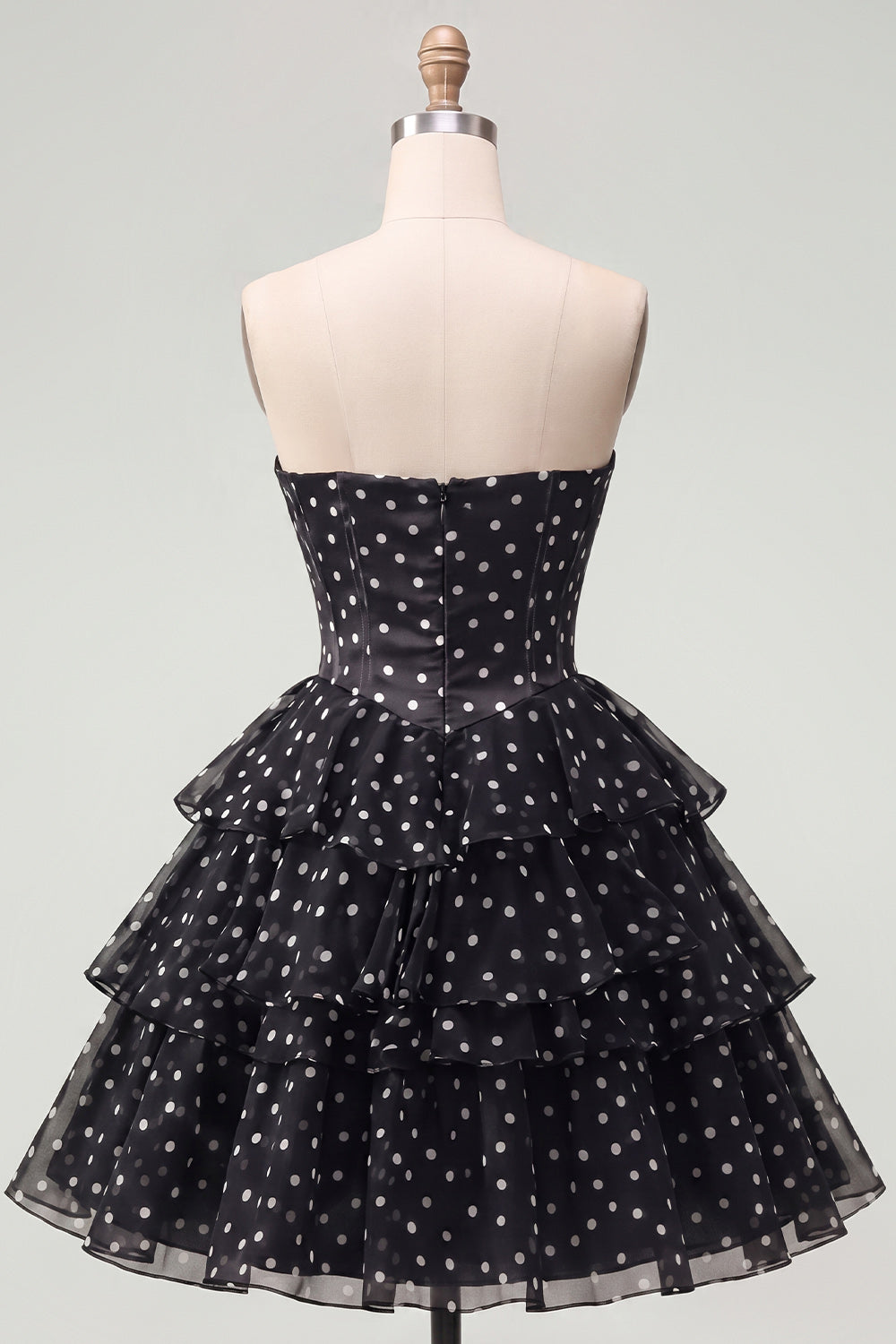 White Polka Dots A Line Strapless Short Corset Homecoming Dress with Ruffles
