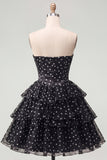 White Polka Dots A Line Strapless Short Corset Homecoming Dress with Ruffles