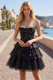 White Polka Dots A Line Strapless Short Corset Homecoming Dress with Ruffles