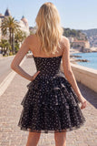 White Polka Dots A Line Strapless Short Corset Homecoming Dress with Ruffles