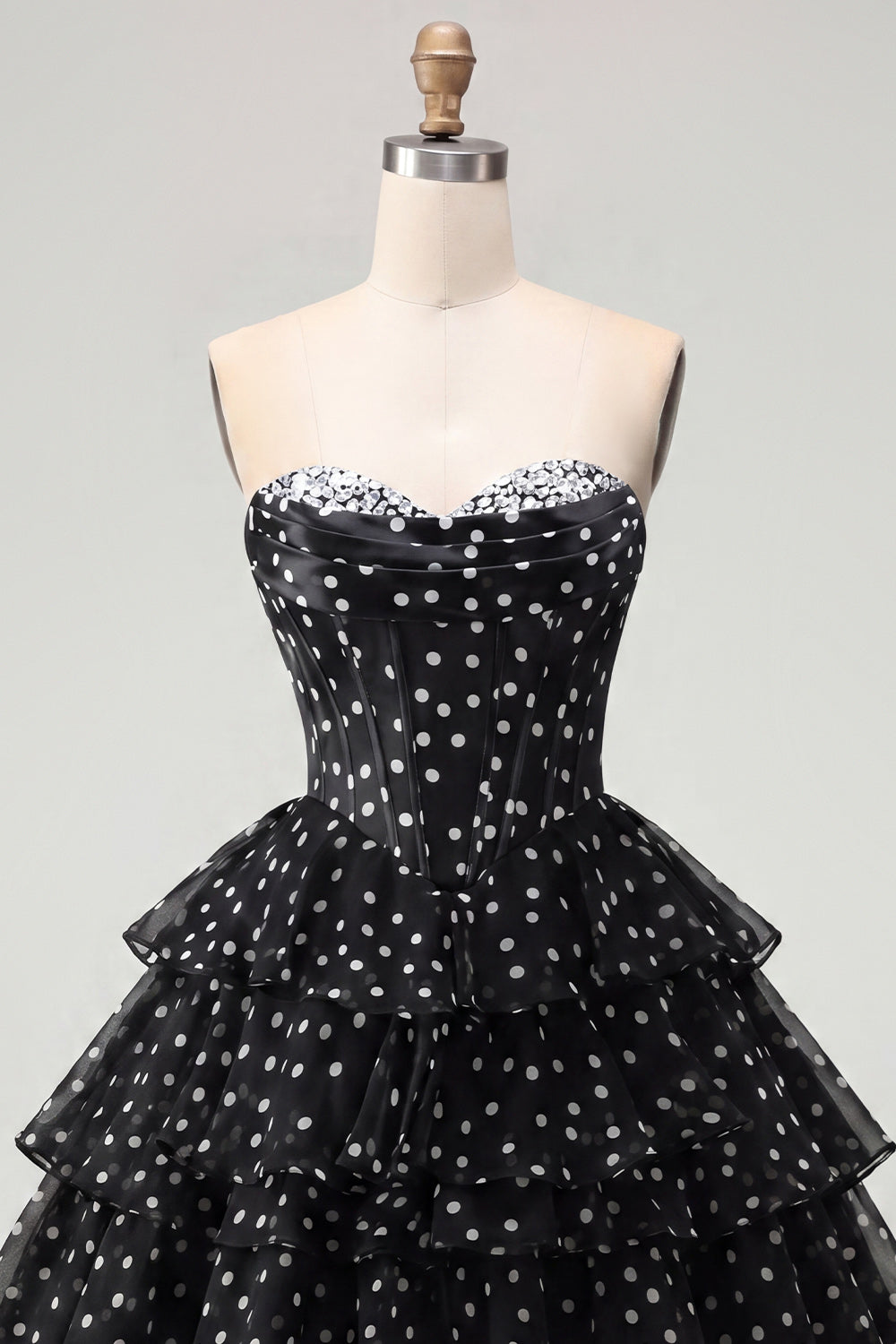 White Polka Dots A Line Strapless Short Corset Homecoming Dress with Ruffles