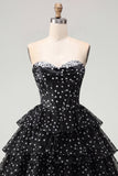 White Polka Dots A Line Strapless Short Corset Homecoming Dress with Ruffles
