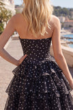 White Polka Dots A Line Strapless Short Corset Homecoming Dress with Ruffles