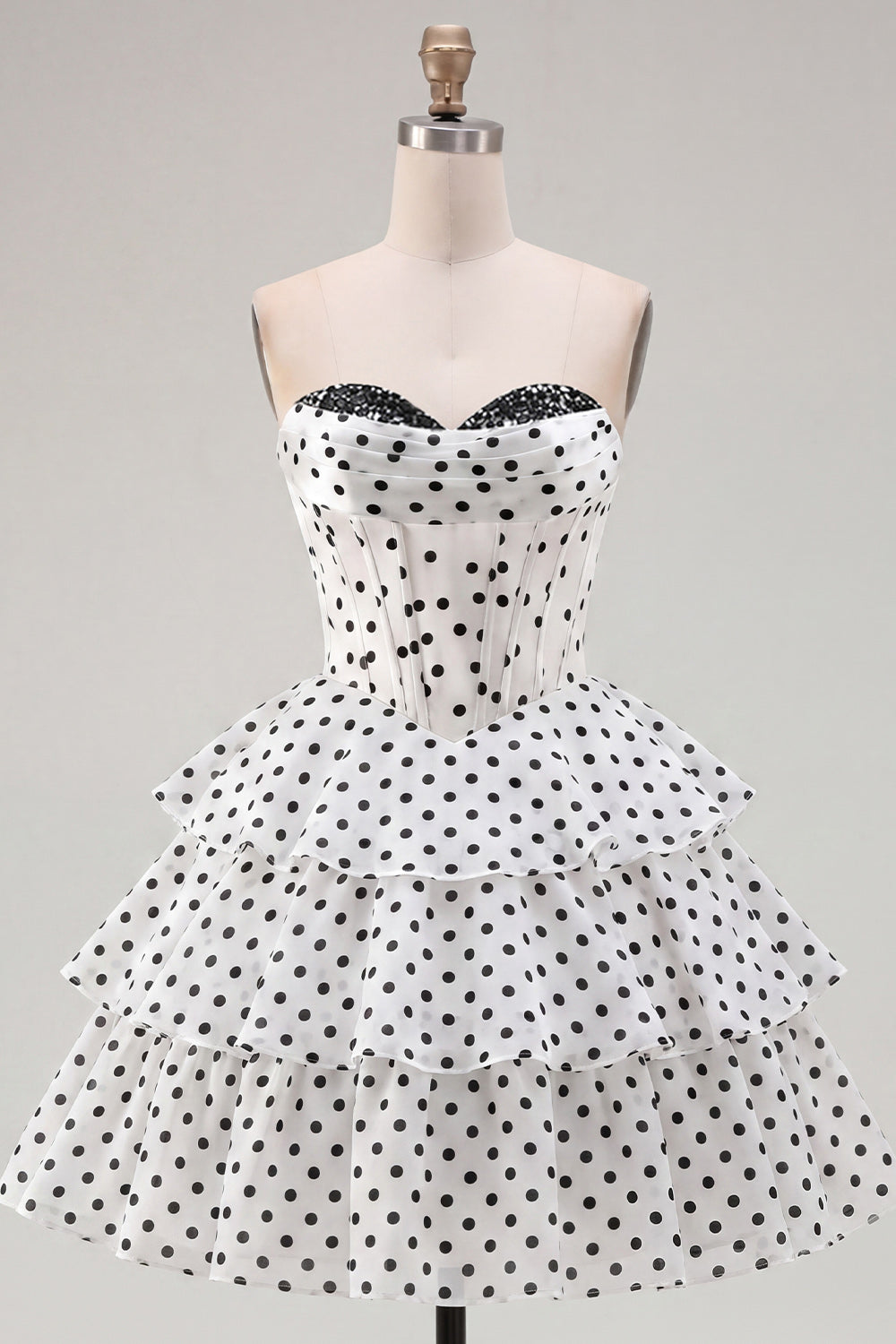 White Polka Dots A Line Strapless Short Corset Homecoming Dress with Ruffles