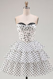 White Polka Dots A Line Strapless Short Corset Homecoming Dress with Ruffles
