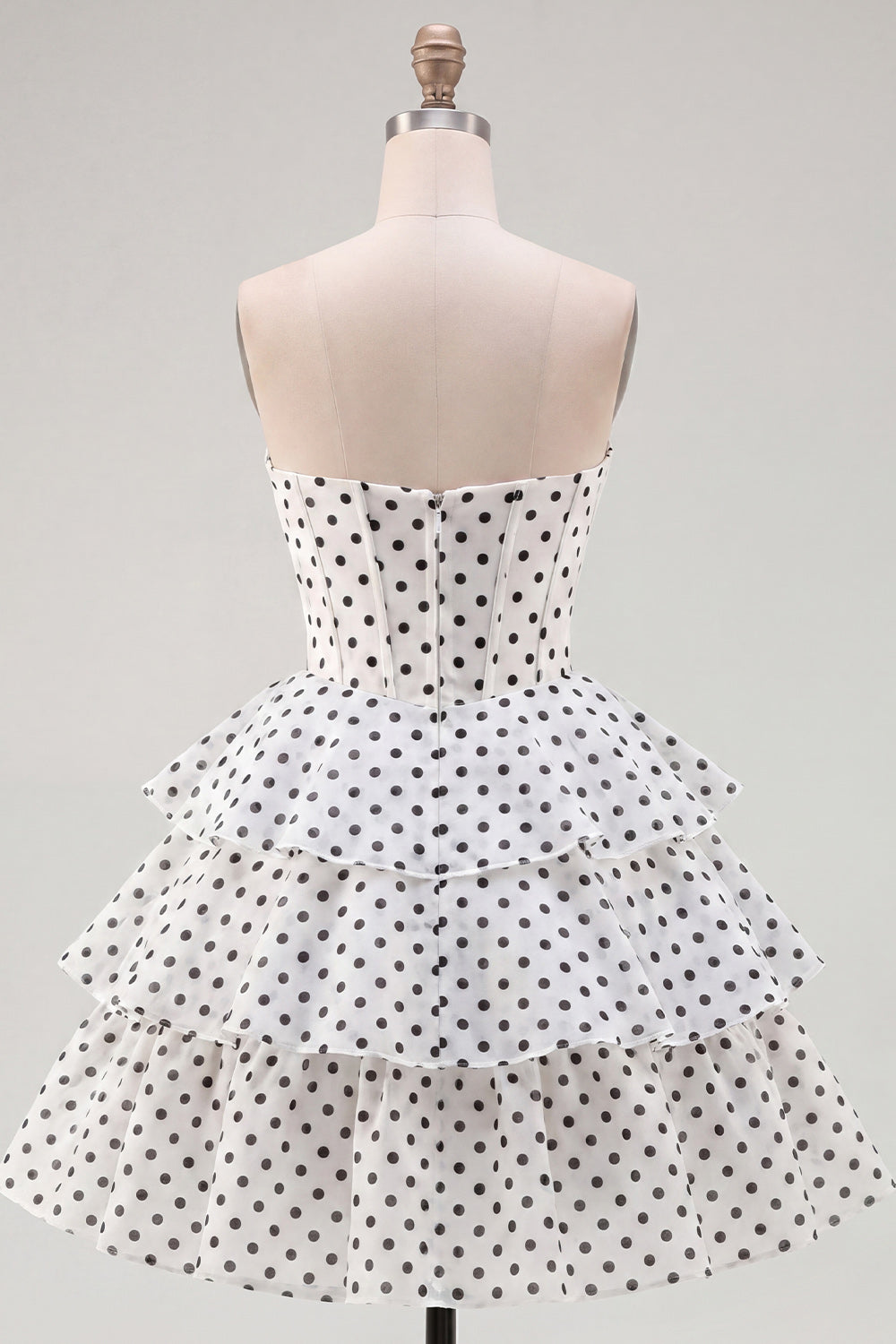 White Polka Dots A Line Strapless Short Corset Homecoming Dress with Ruffles