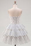 White Polka Dots A Line Strapless Short Corset Homecoming Dress with Ruffles