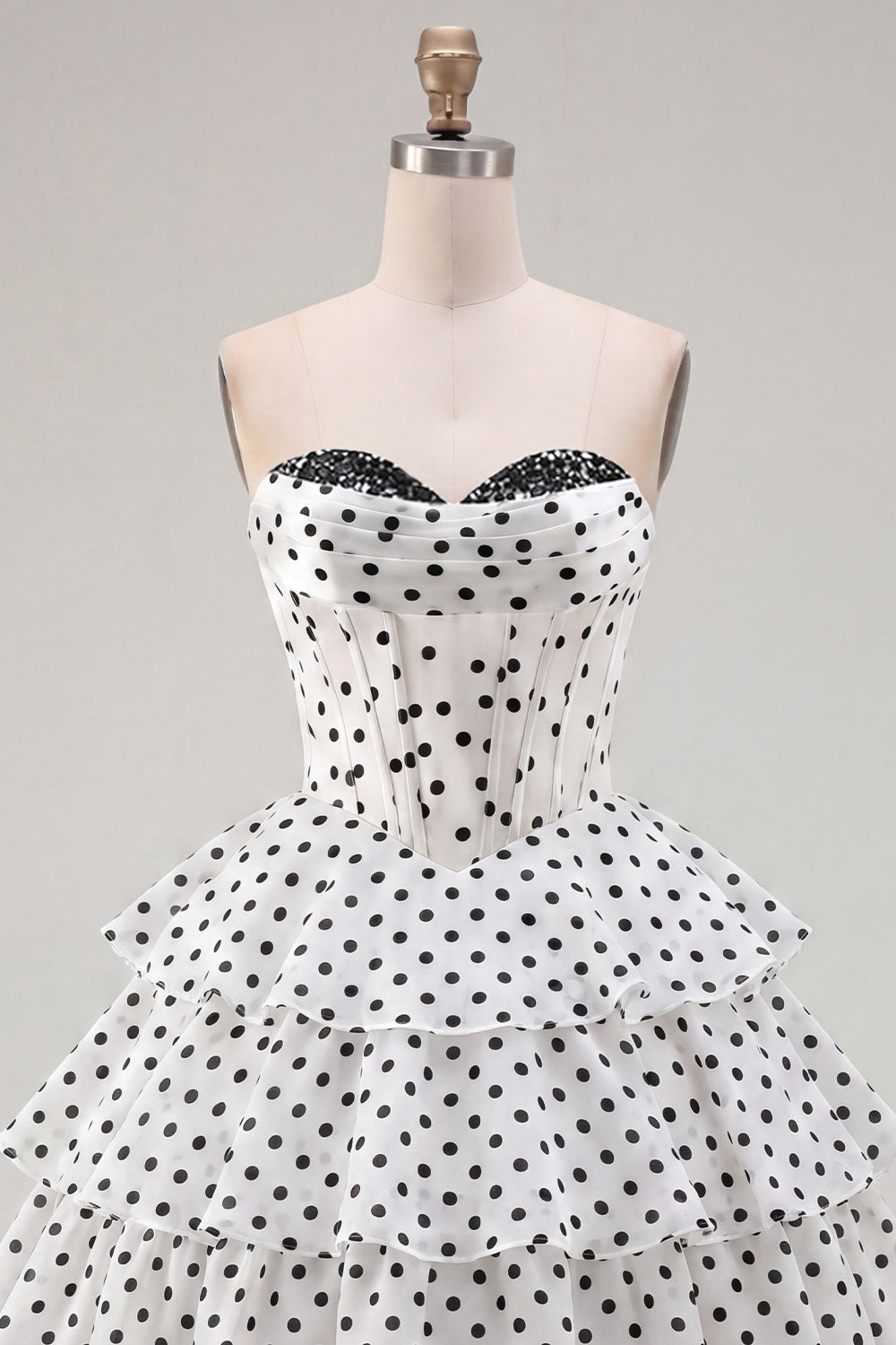 White Polka Dots A Line Strapless Short Corset Homecoming Dress with Ruffles
