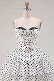 White Polka Dots A Line Strapless Short Corset Homecoming Dress with Ruffles