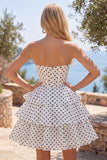 White Polka Dots A Line Strapless Short Corset Homecoming Dress with Ruffles