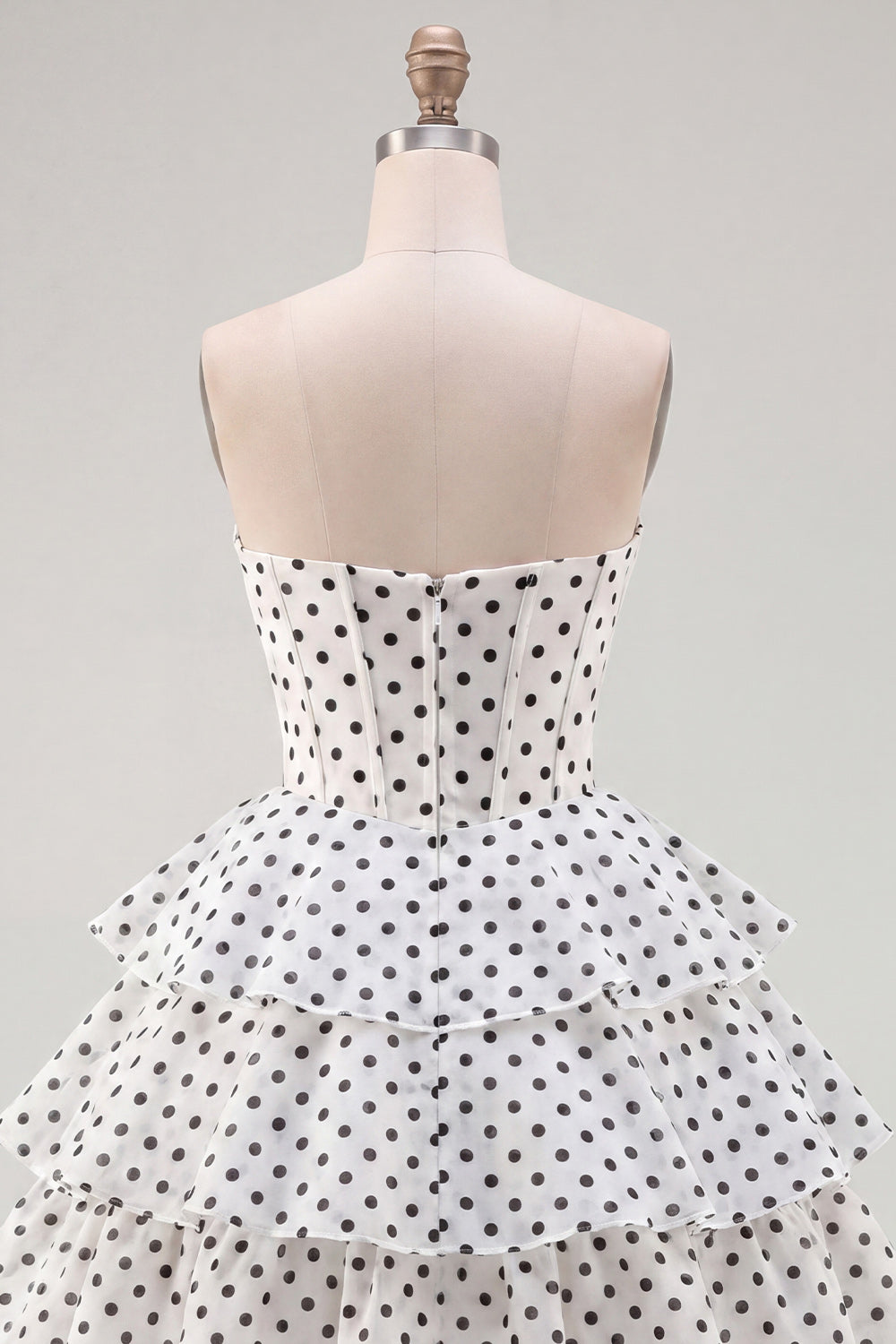 White Polka Dots A Line Strapless Short Corset Homecoming Dress with Ruffles