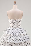 White Polka Dots A Line Strapless Short Corset Homecoming Dress with Ruffles