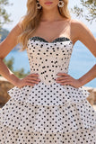 White Polka Dots A Line Strapless Short Corset Homecoming Dress with Ruffles