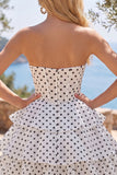 White Polka Dots A Line Strapless Short Corset Homecoming Dress with Ruffles