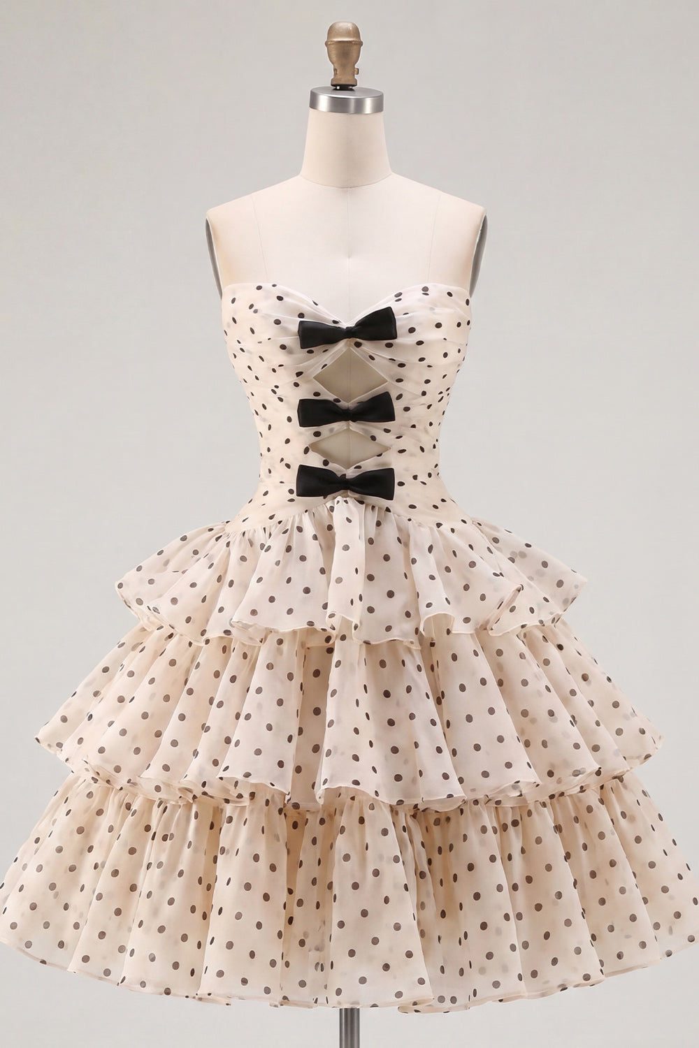 Apricot and Black Dot A Line Strapless Short Keyhole Homecoming Dress