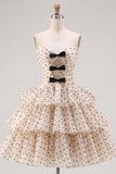 Apricot and Black Dot A Line Strapless Short Keyhole Homecoming Dress