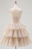 Apricot and Black Dot A Line Strapless Short Keyhole Homecoming Dress
