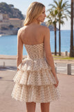 Apricot and Black Dot A Line Strapless Short Keyhole Homecoming Dress