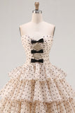 Apricot and Black Dot A Line Strapless Short Keyhole Homecoming Dress