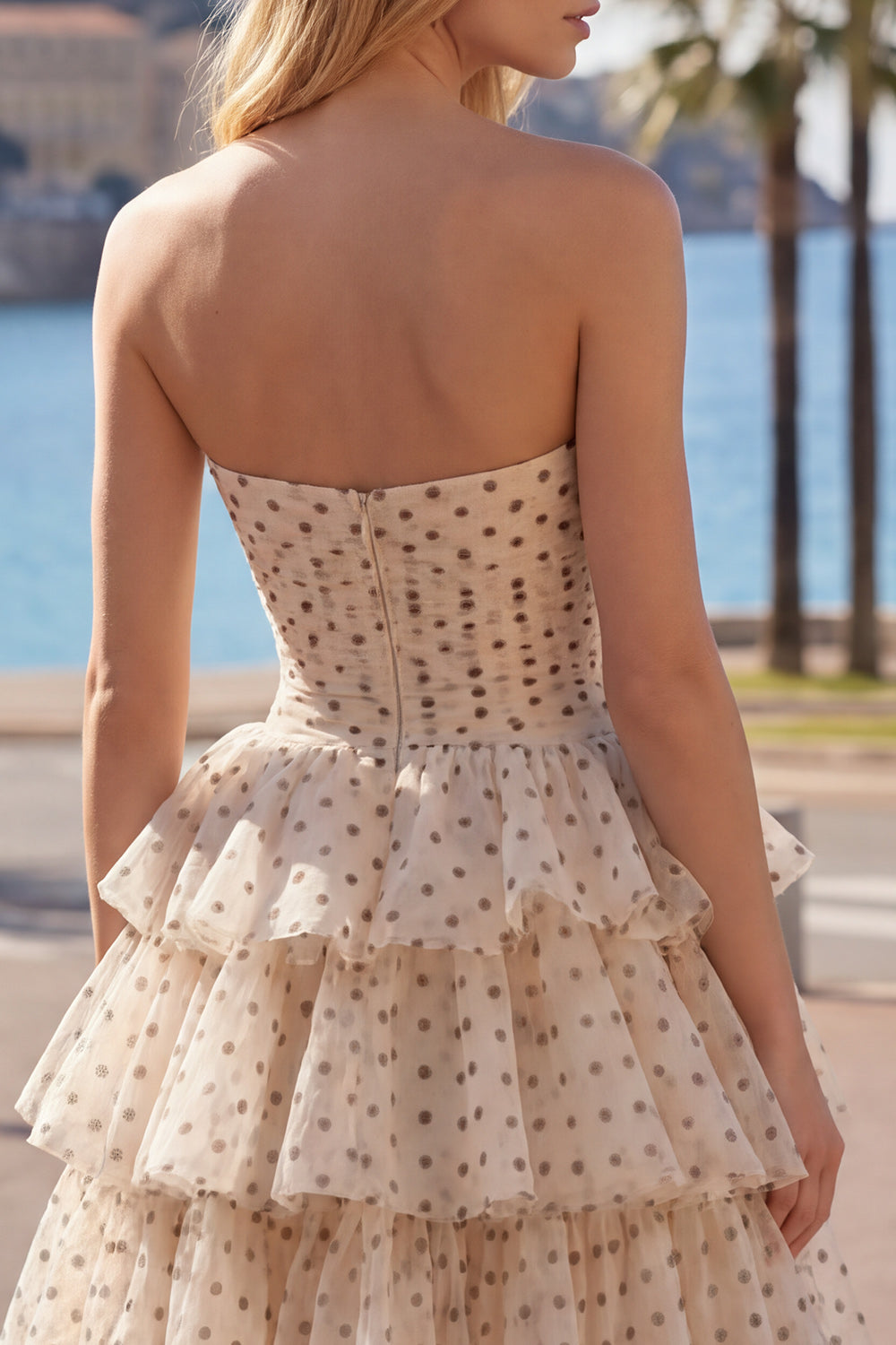 Apricot and Black Dot A Line Strapless Short Keyhole Homecoming Dress