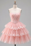 Pink Floral Corset Lace Short Strapless Homecoming Dress with Ruffles