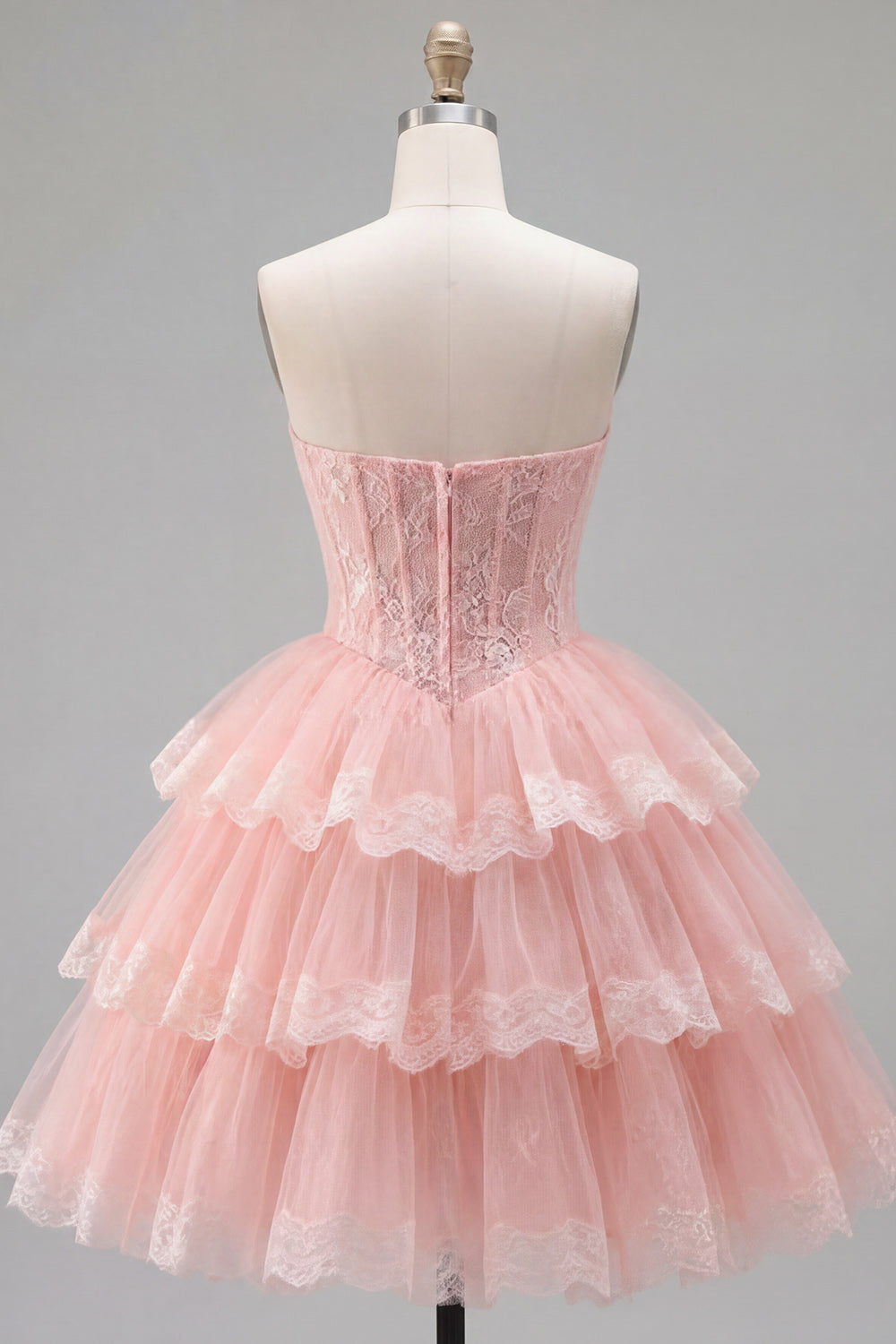 Pink Floral Corset Lace Short Strapless Homecoming Dress with Ruffles