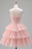 Pink Floral Corset Lace Short Strapless Homecoming Dress with Ruffles