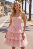 Pink Floral Corset Lace Short Strapless Homecoming Dress with Ruffles
