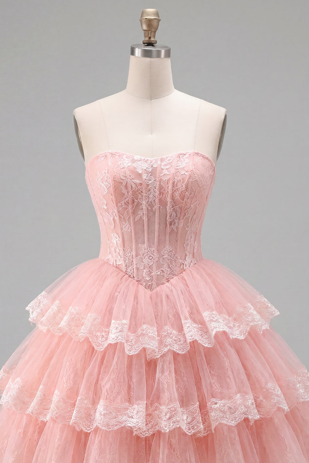 Pink Floral Corset Lace Short Strapless Homecoming Dress with Ruffles