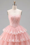 Pink Floral Corset Lace Short Strapless Homecoming Dress with Ruffles