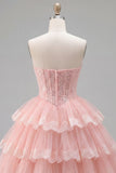 Pink Floral Corset Lace Short Strapless Homecoming Dress with Ruffles