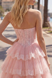 Pink Floral Corset Lace Short Strapless Homecoming Dress with Ruffles