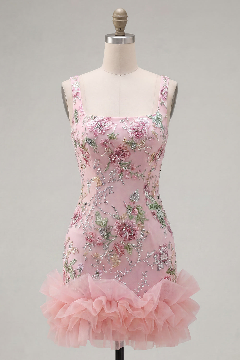 Sparkly Pink Floral Tight Short Beaded Homecoming Dress with Ruffles