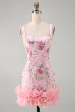Sparkly Pink Floral Tight Short Beaded Homecoming Dress with Ruffles
