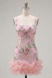 Sparkly Pink Floral Tight Short Beaded Homecoming Dress with Ruffles