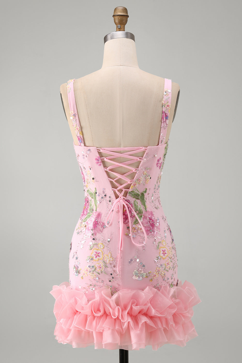 Sparkly Pink Floral Tight Short Beaded Homecoming Dress with Ruffles