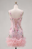 Sparkly Pink Floral Tight Short Beaded Homecoming Dress with Ruffles