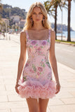 Sparkly Pink Floral Tight Short Beaded Homecoming Dress with Ruffles