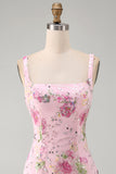Sparkly Pink Floral Tight Short Beaded Homecoming Dress with Ruffles