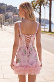 Sparkly Pink Floral Tight Short Beaded Homecoming Dress with Ruffles