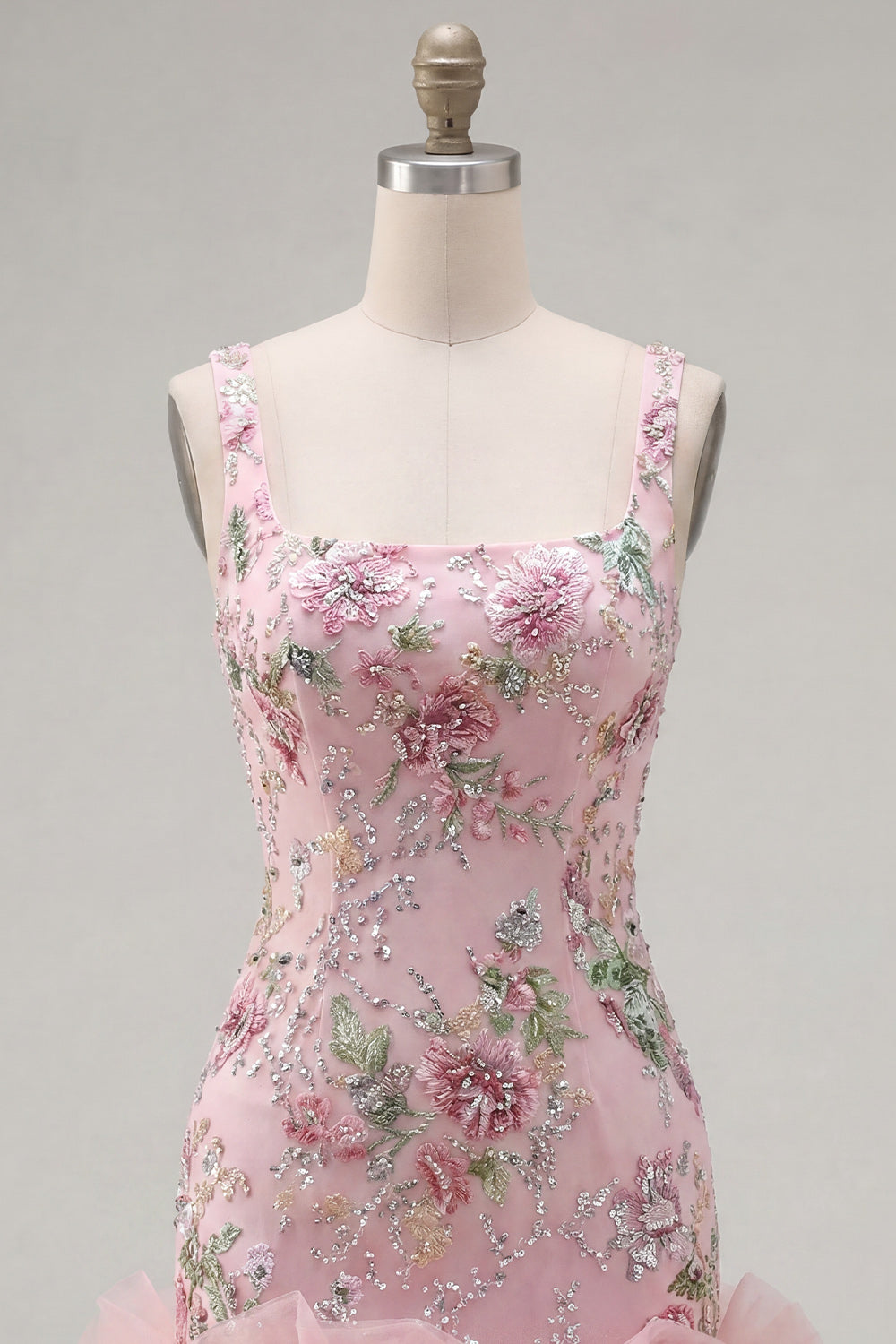 Sparkly Pink Floral Tight Short Beaded Homecoming Dress with Ruffles