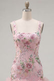 Sparkly Pink Floral Tight Short Beaded Homecoming Dress with Ruffles