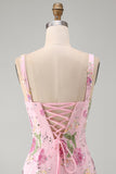 Sparkly Pink Floral Tight Short Beaded Homecoming Dress with Ruffles