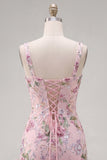 Sparkly Pink Floral Tight Short Beaded Homecoming Dress with Ruffles