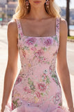 Sparkly Pink Floral Tight Short Beaded Homecoming Dress with Ruffles