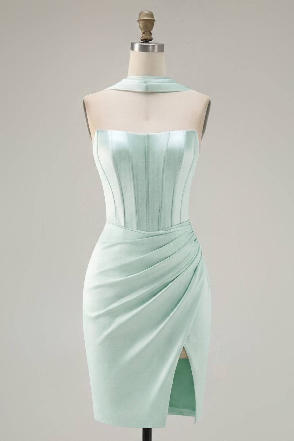 Mint Corset Short Tight Ruched Strapless Homecoming Dress with Slit