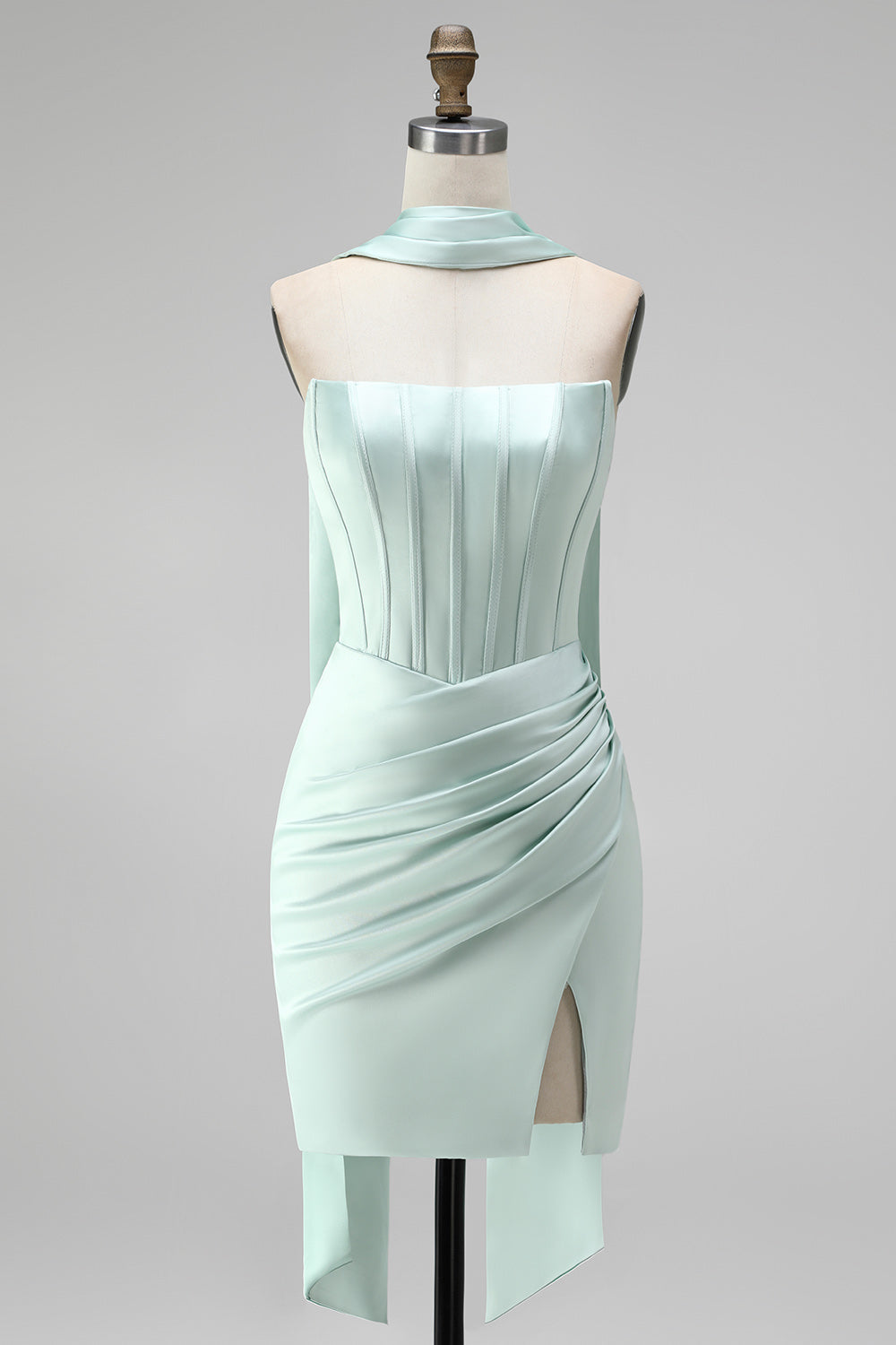 Mint Corset Short Tight Ruched Strapless Homecoming Dress with Slit
